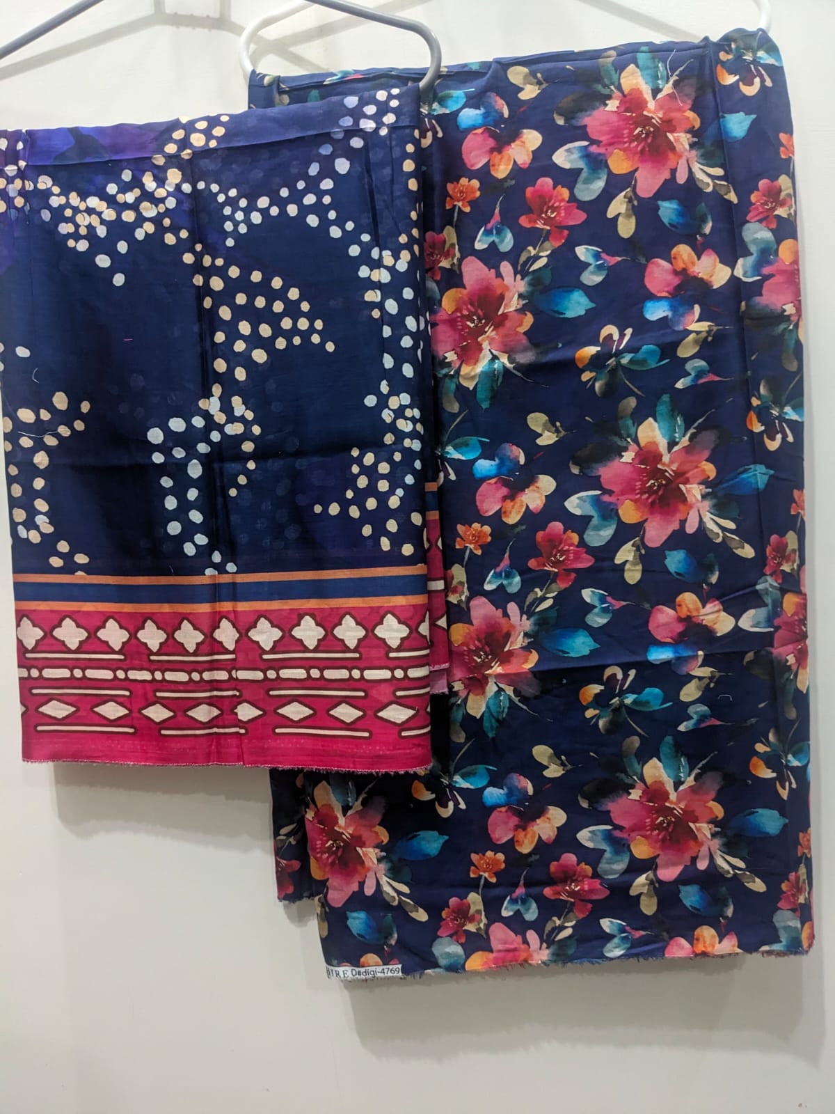 Vibrant Navy Blue 3 Piece Suit – Same Print Shirt & Trouser with Separate Dupatta