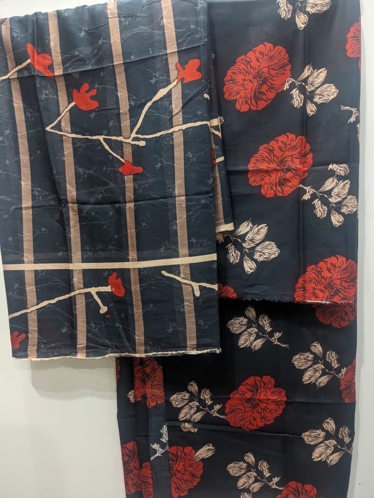 Navy Blue Red 3 Piece Suit – Same Print Shirt & Trouser with Separate Dupatta - Lawn Fashion Product