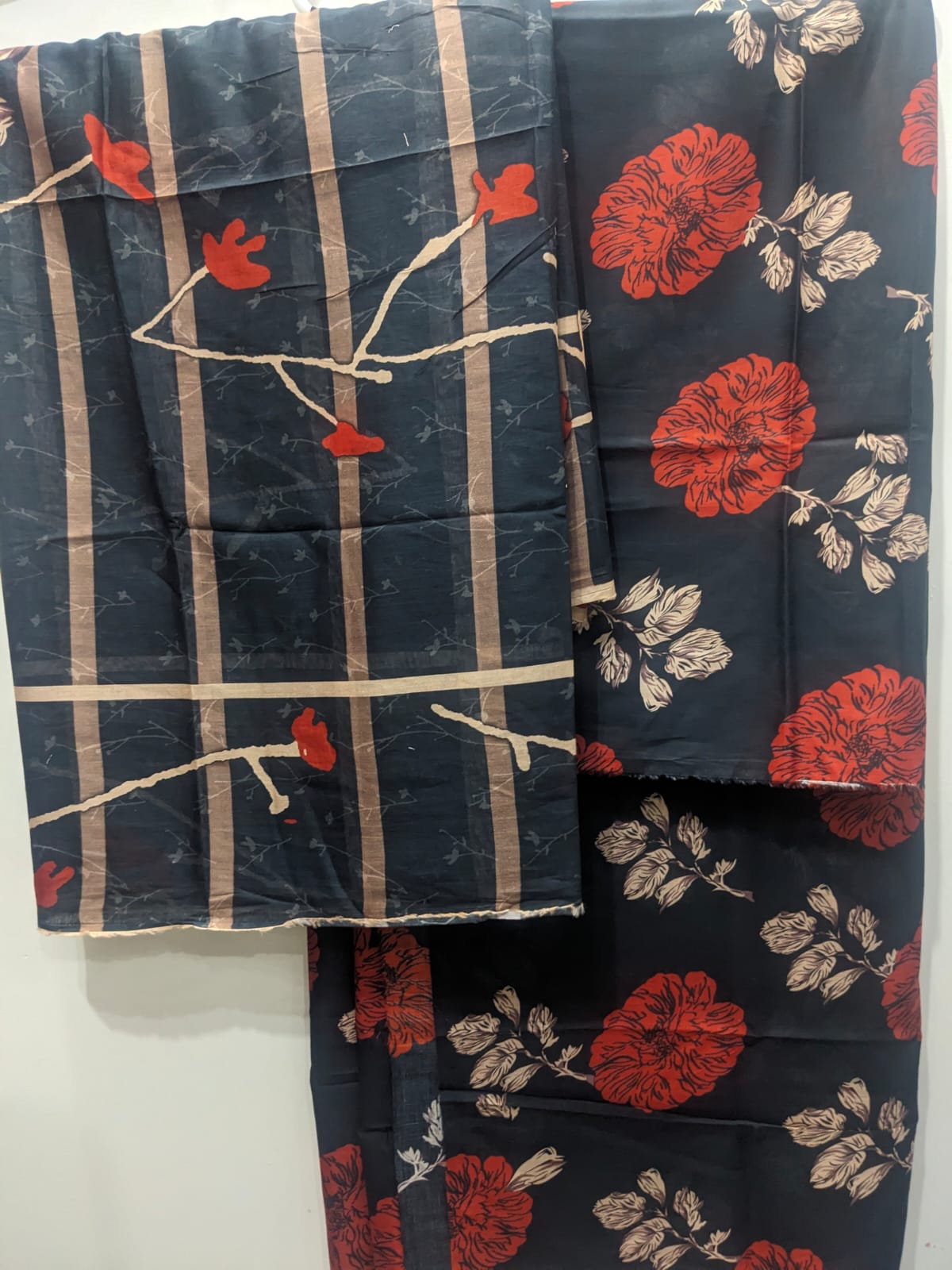 Navy Blue Red 3 Piece Suit – Same Print Shirt & Trouser with Separate Dupatta - Product Image 2