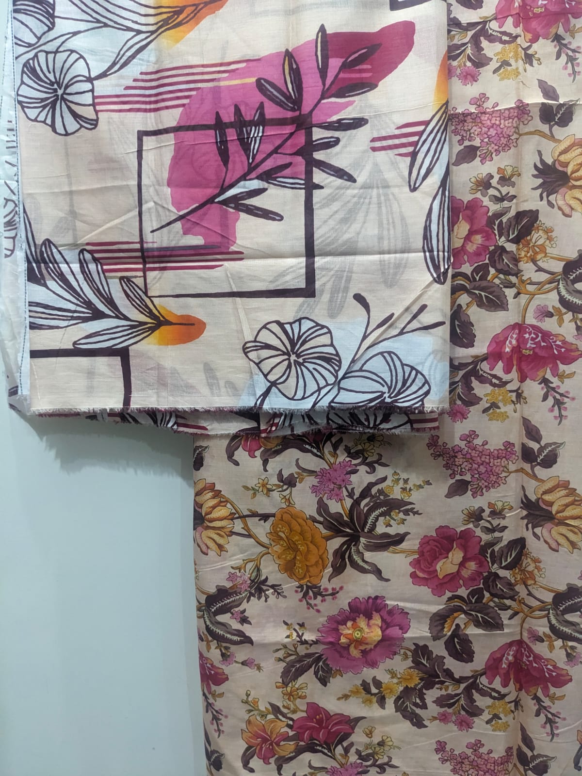 Cream Pink 3 Piece Suit – Same Print Shirt & Trouser with Separate Dupatta