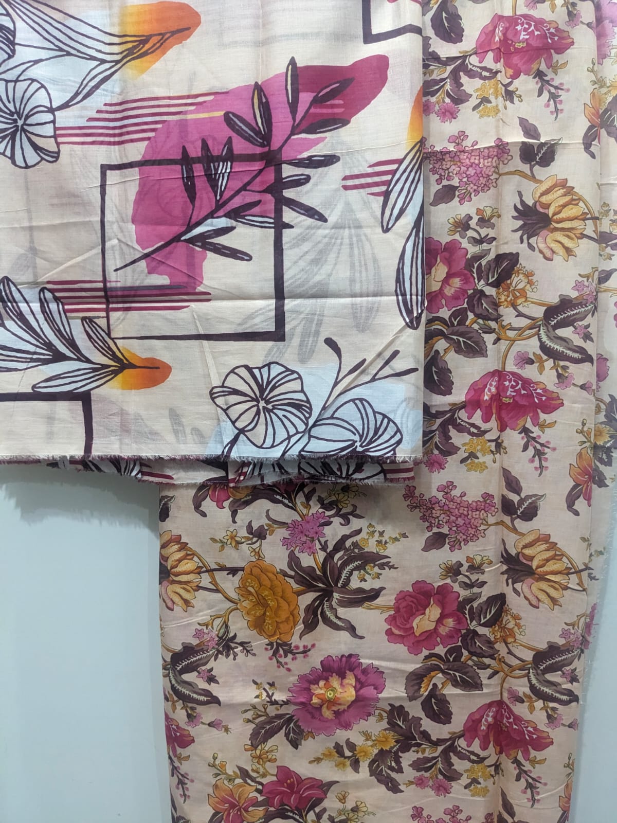 Cream Pink 3 Piece Suit – Same Print Shirt & Trouser with Separate Dupatta - Product Image 2