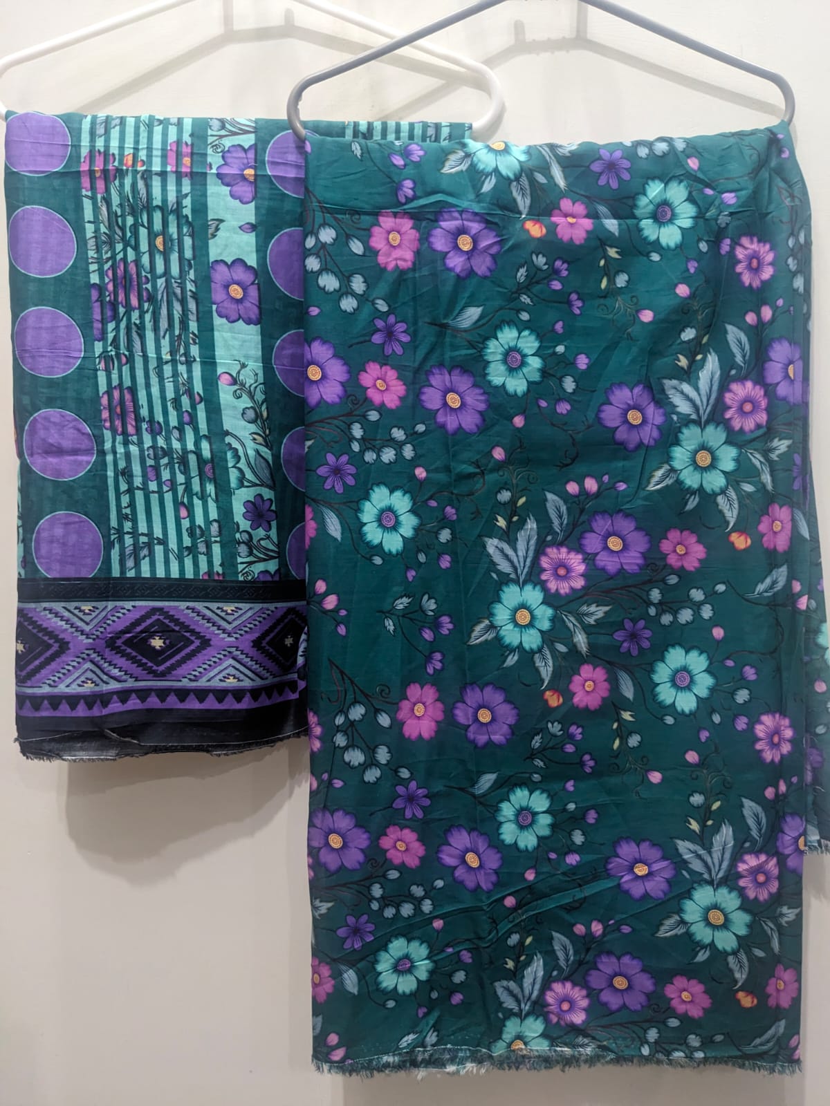 Teal Purple 3 Piece Suit – Same Print Shirt & Trouser with Separate Dupatta