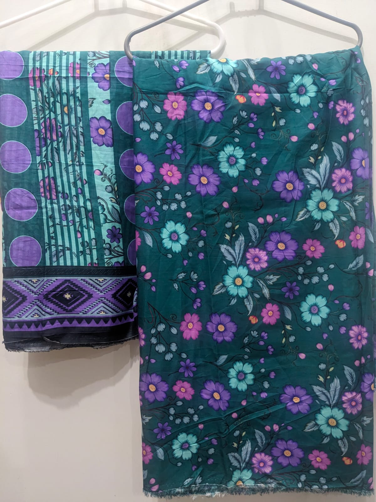 Teal Purple 3 Piece Suit – Same Print Shirt & Trouser with Separate Dupatta - Product Image 2