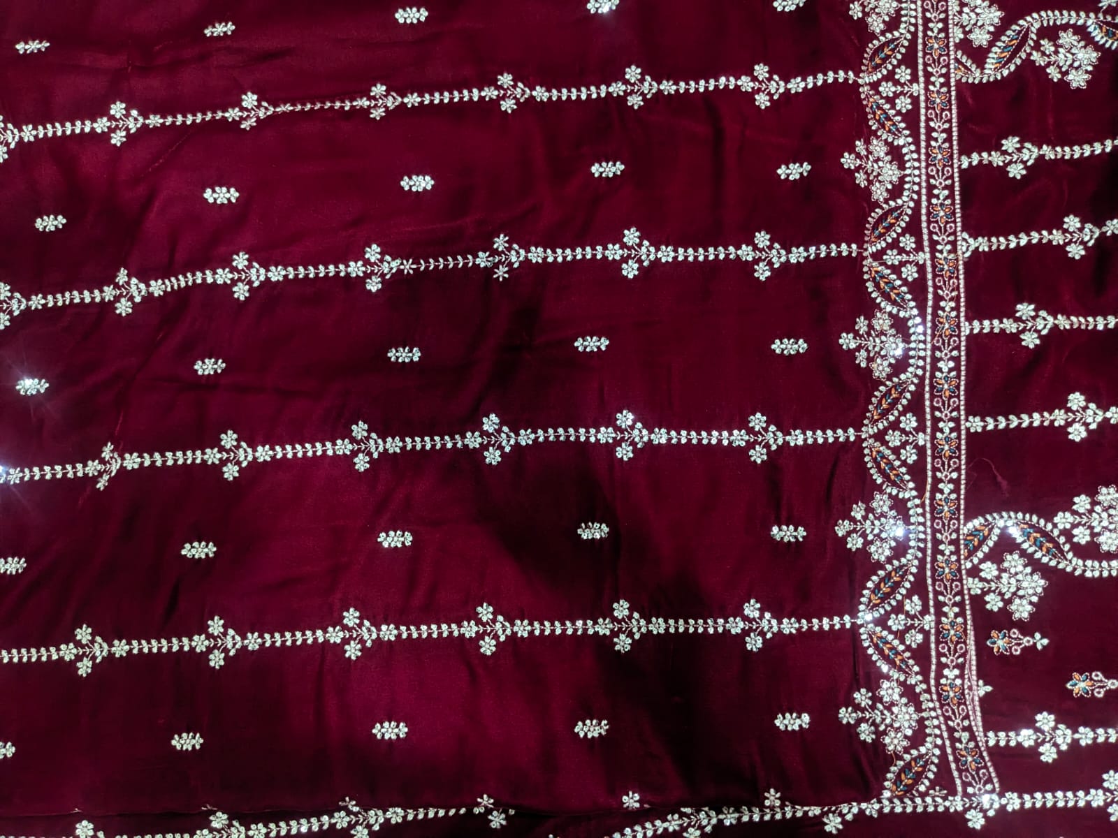 Elegant Maroon Micro Velvet Embroidered 3 Piece Unstitched Suit
