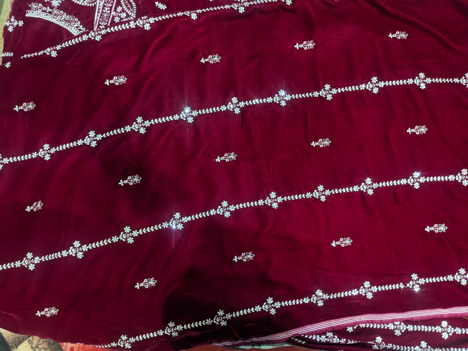 Elegant Maroon Micro Velvet Embroidered 3 Piece Unstitched Suit - Product Image 2