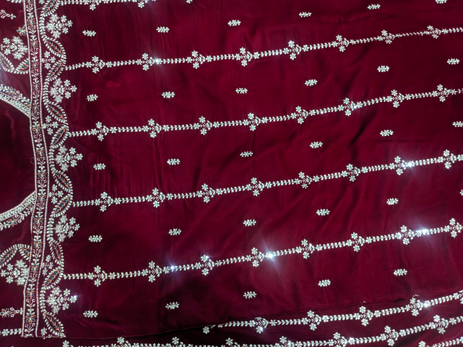 Elegant Maroon Micro Velvet Embroidered 3 Piece Unstitched Suit - Product Image 4