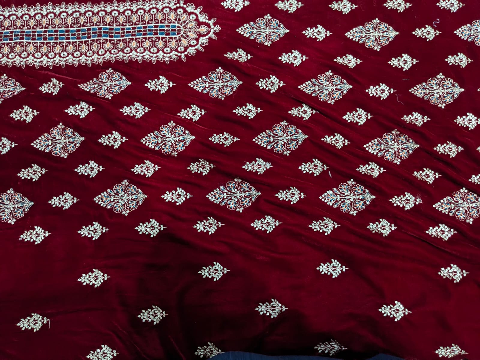 Red China Velvet Embroidered 3 Piece Unstitched Suit for Women