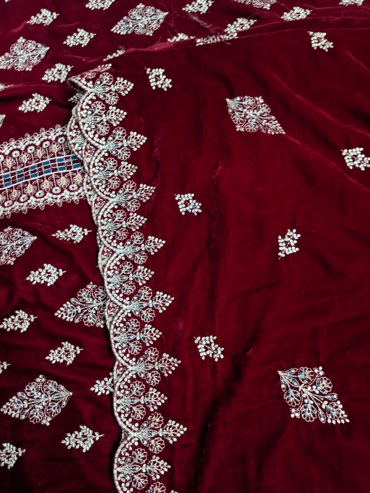 Red China Velvet Embroidered 3 Piece Unstitched Suit for Women - Product Image 2