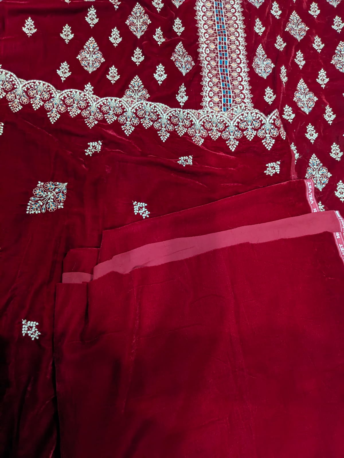 Red China Velvet Embroidered 3 Piece Unstitched Suit for Women - Product Image 4