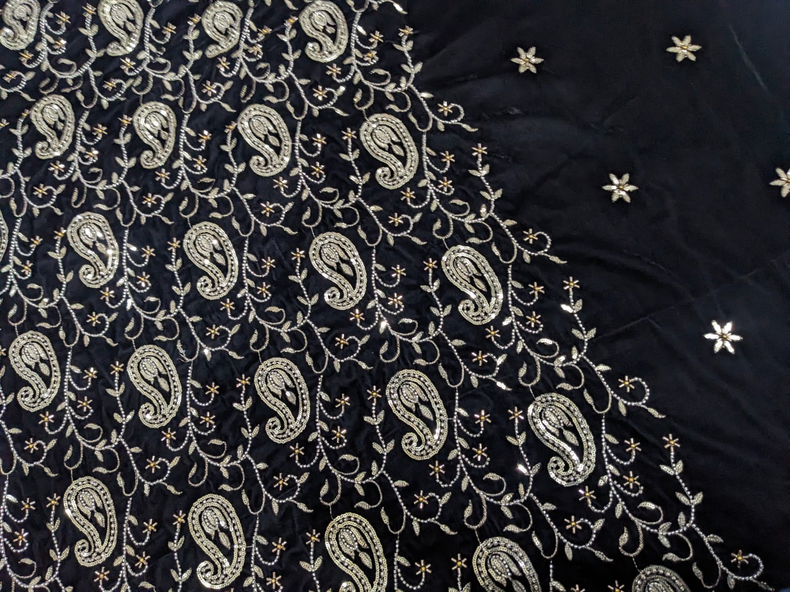 Luxury Black China Velvet Handmade Embroidered 3 Piece Unstitched Suit - Product Image 3