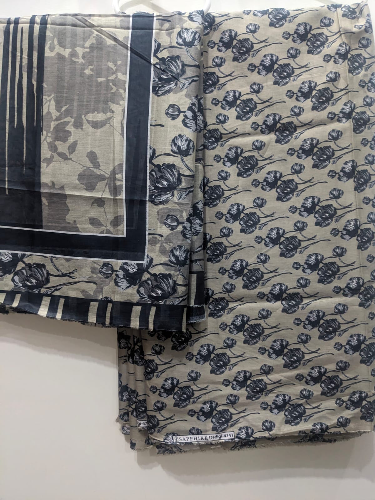 Graceful Grey & Black 3 Piece Suit – Same Print Shirt & Trouser with Separate Dupatta - Product Image 2